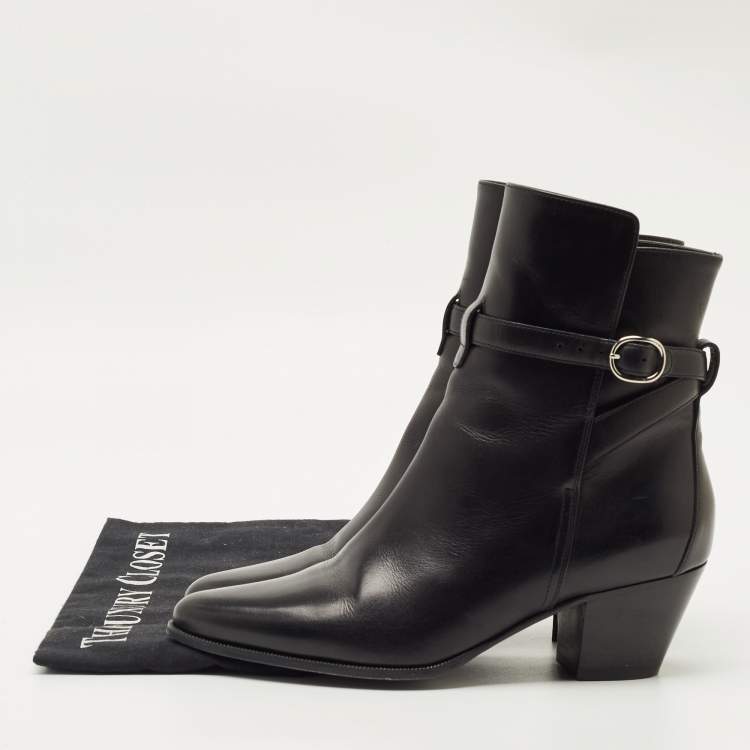 Pre Owned Celine Black Leather Block Heel Ankle Boots Size 37