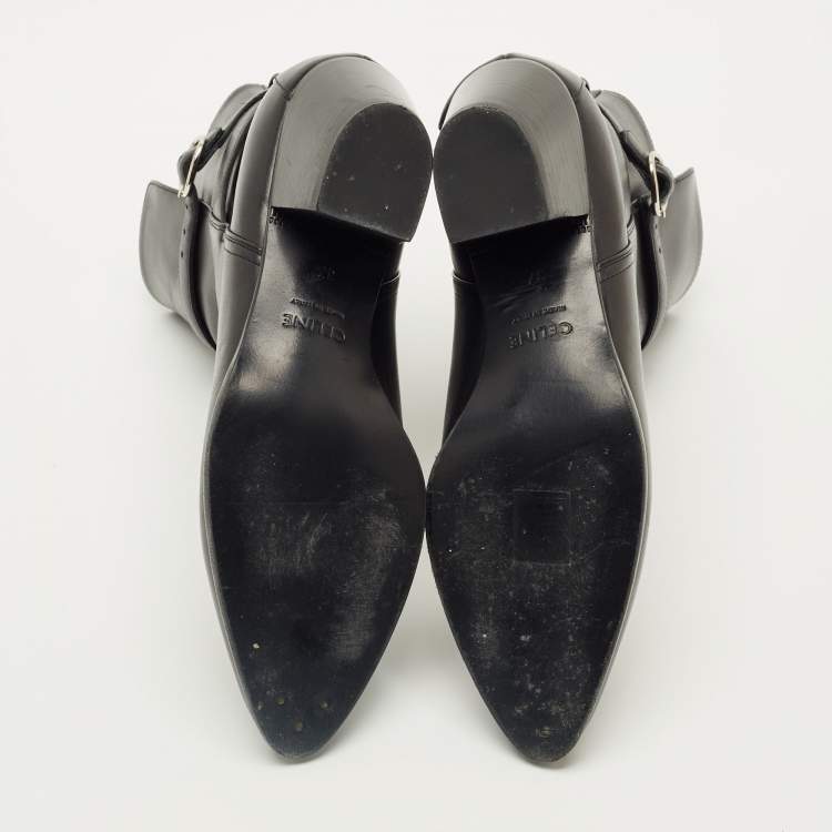 Pre Owned Celine Black Leather Block Heel Ankle Boots Size 37