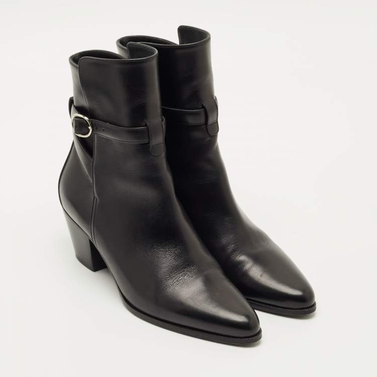 Pre Owned Celine Black Leather Block Heel Ankle Boots Size 37