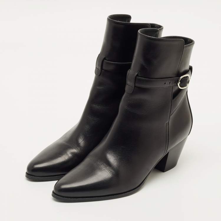 Pre Owned Celine Black Leather Block Heel Ankle Boots Size 37