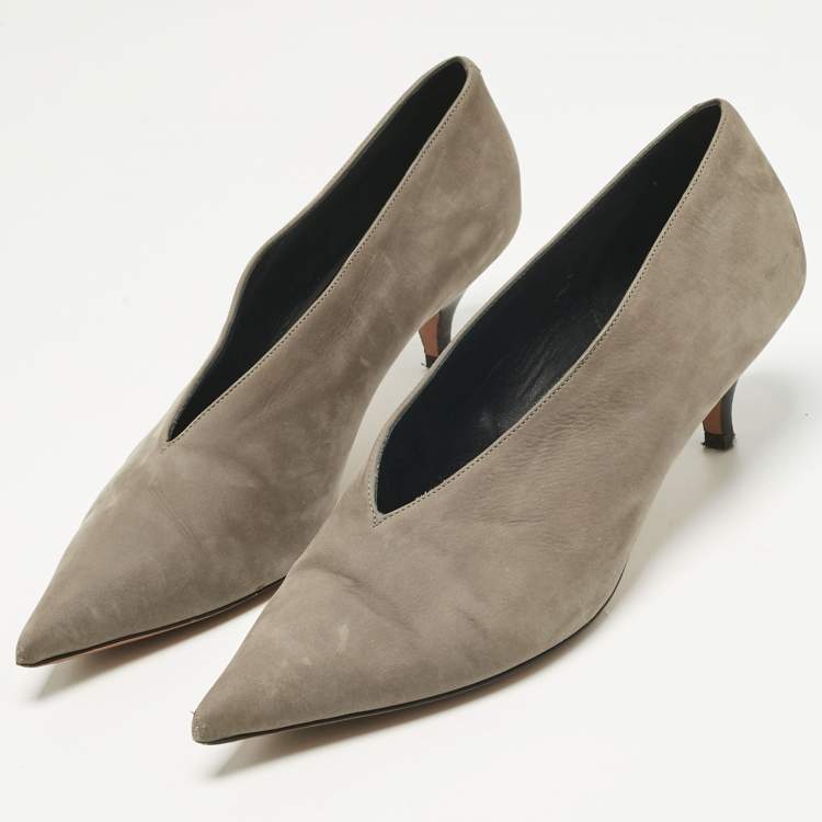 Pre Owned Celine Grey Nubuck Leather V Neck Pointed Toe Pumps Size 39