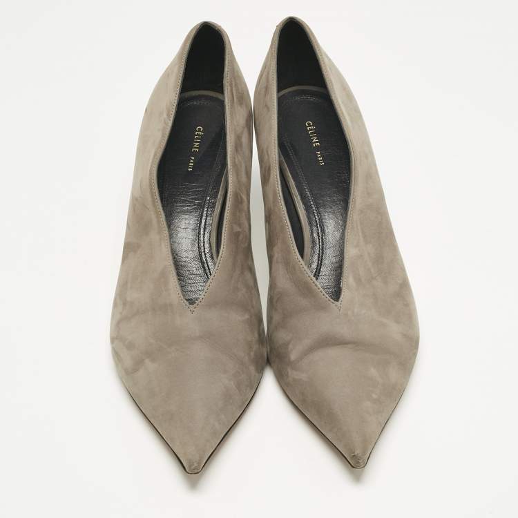 Pre Owned Celine Grey Nubuck Leather V Neck Pointed Toe Pumps Size 39