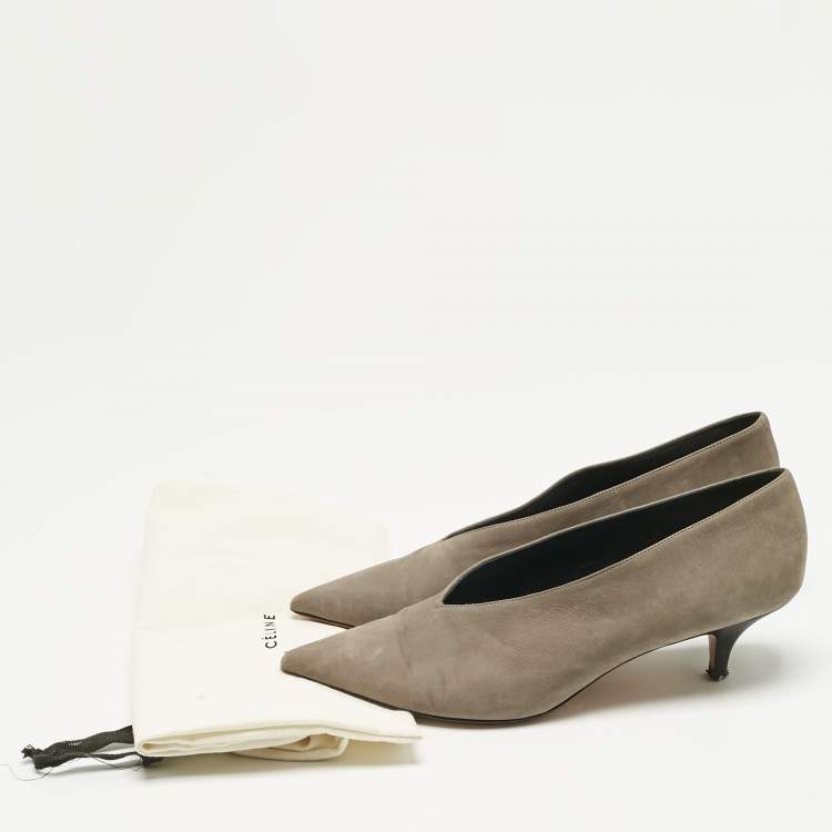 Pre Owned Celine Grey Nubuck Leather V Neck Pointed Toe Pumps Size 39