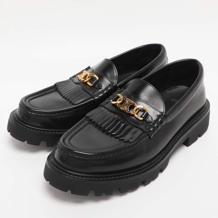 Pre Owned Celine Black Leather Luco Triomphe Chain Loafers Size 38