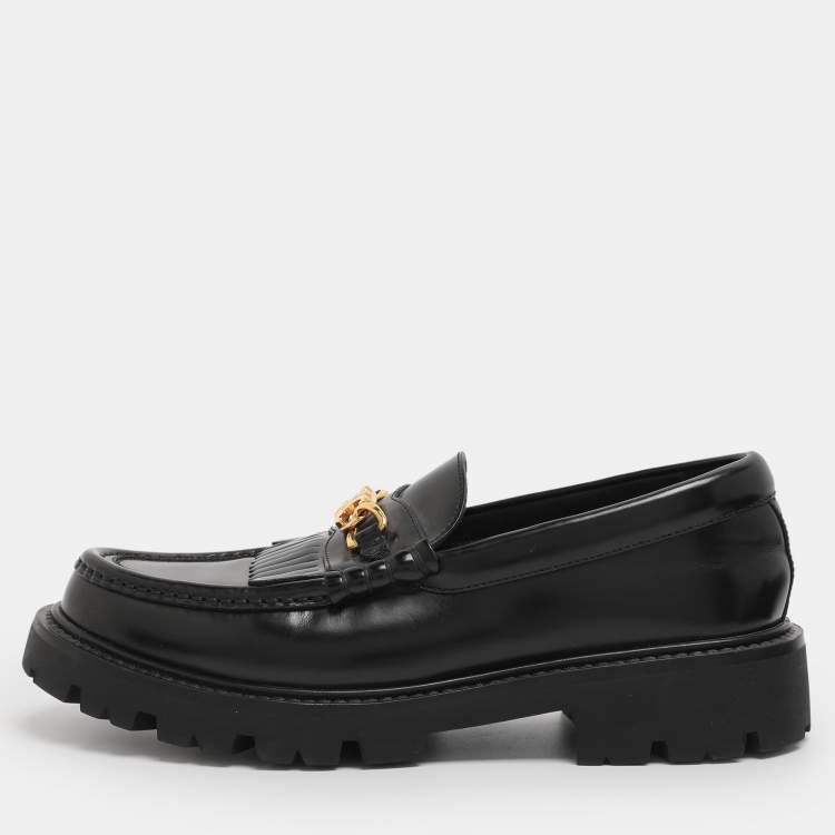 Pre Owned Celine Black Leather Luco Triomphe Chain Loafers Size 38