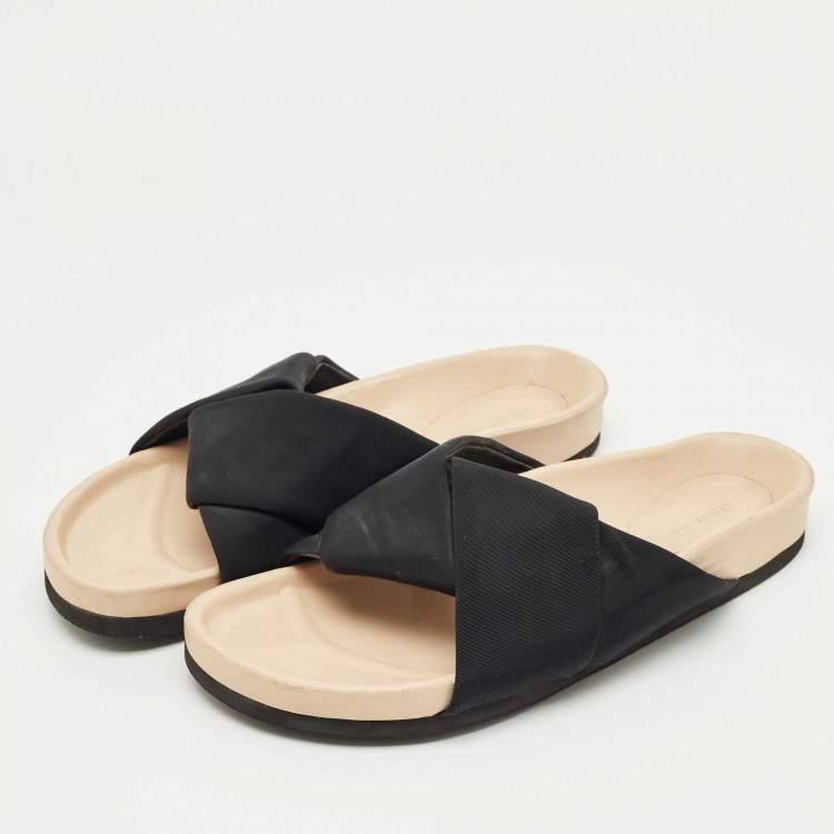 Pre Owned Celine Black/Beige Canvas Twist Flat Slide Size 40