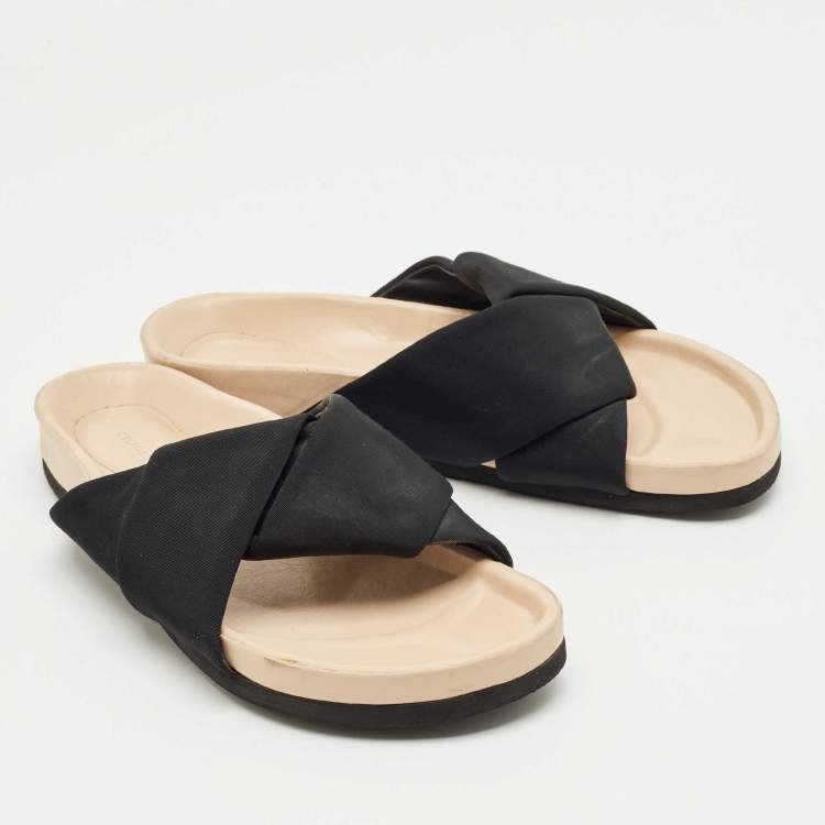 Pre Owned Celine Black/Beige Canvas Twist Flat Slide Size 40