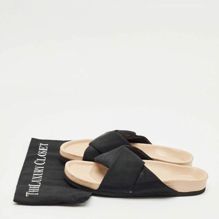 Pre Owned Celine Black/Beige Canvas Twist Flat Slide Size 40