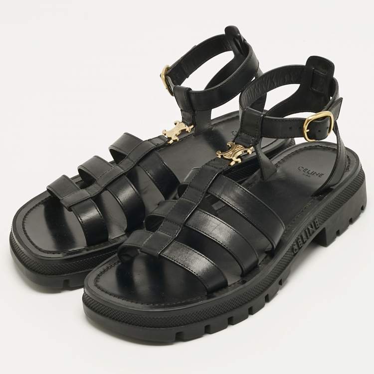 Pre Owned Celine Black Leather Clea Triomphe Strappy Gladiator Sandals Size 40