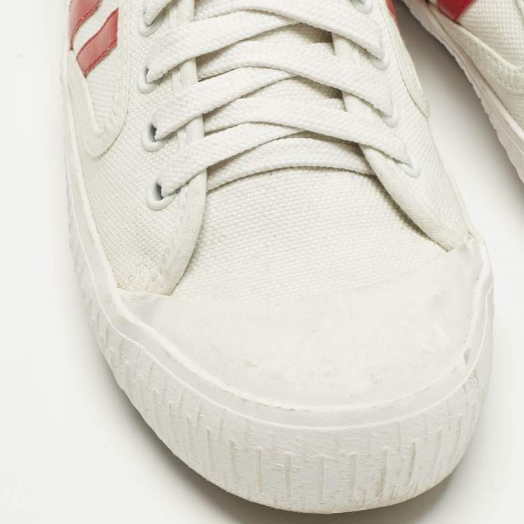 Pre Owned Celine White/Red Canvas and Leather Colorblock Pattern Low Top Sneakers Size 38