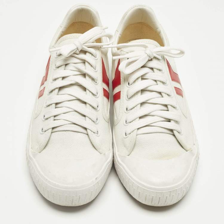 Pre Owned Celine White/Red Canvas and Leather Colorblock Pattern Low Top Sneakers Size 38