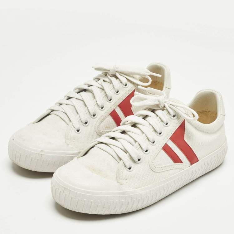 Pre Owned Celine White/Red Canvas and Leather Colorblock Pattern Low Top Sneakers Size 38