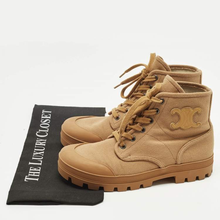 Pre Owned Celine Orange Canvas Patapans Lace Up Ankle Boots Size 38