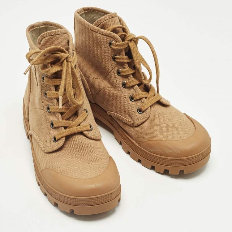 Pre Owned Celine Orange Canvas Patapans Lace Up Ankle Boots Size 38