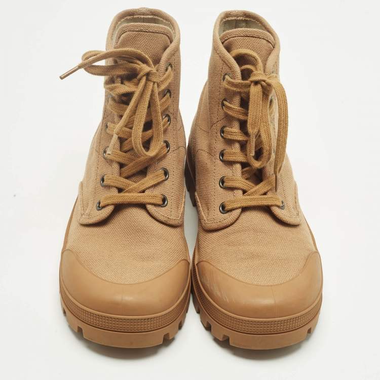 Pre Owned Celine Orange Canvas Patapans Lace Up Ankle Boots Size 38