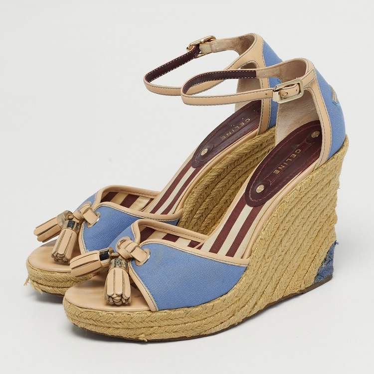 Pre Owned Celine Size 40 Blue/Beige Canvas Tassel Espadrille Platform Wedge Sandals