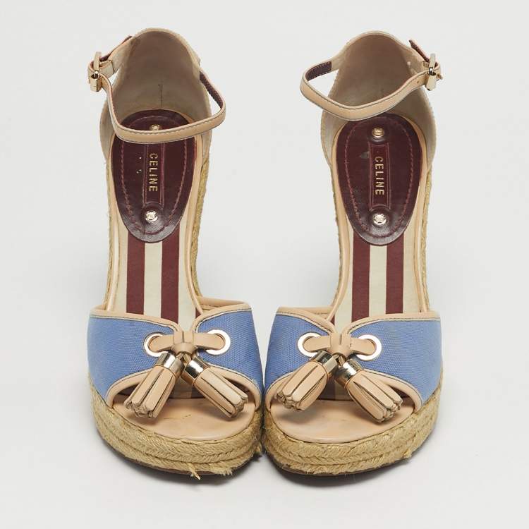 Pre Owned Celine Size 40 Blue/Beige Canvas Tassel Espadrille Platform Wedge Sandals