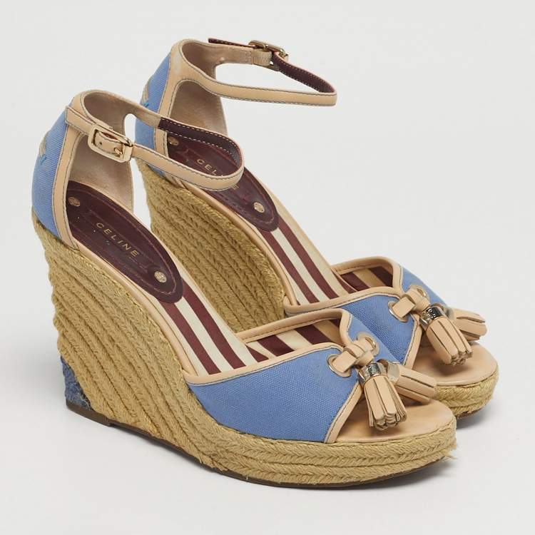 Pre Owned Celine Size 40 Blue/Beige Canvas Tassel Espadrille Platform Wedge Sandals