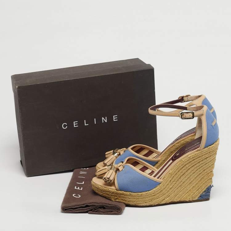 Pre Owned Celine Size 40 Blue/Beige Canvas Tassel Espadrille Platform Wedge Sandals