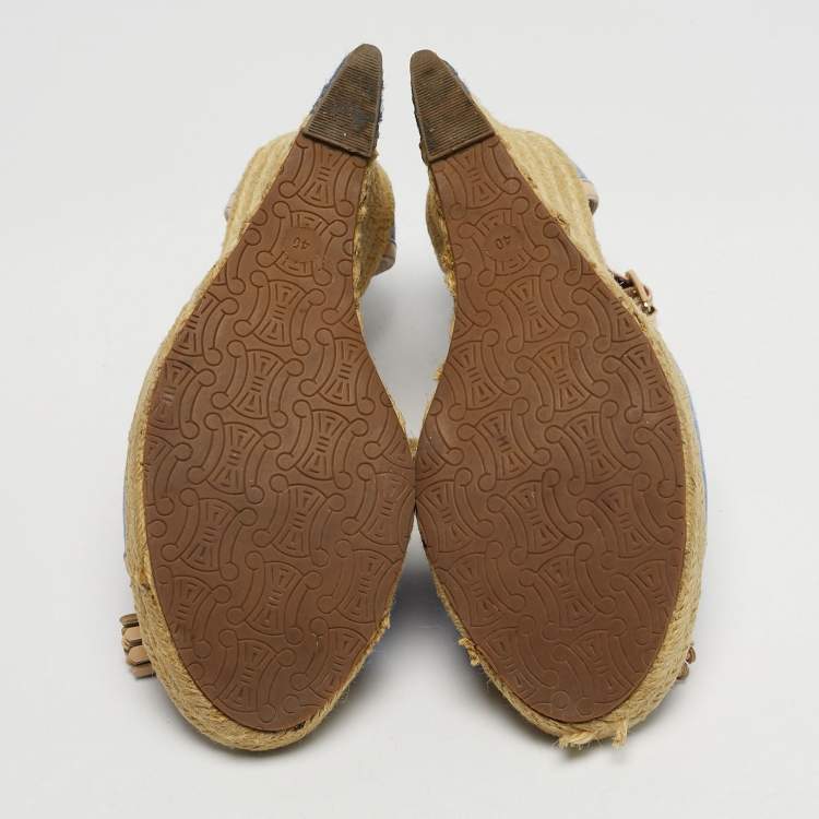 Pre Owned Celine Size 40 Blue/Beige Canvas Tassel Espadrille Platform Wedge Sandals