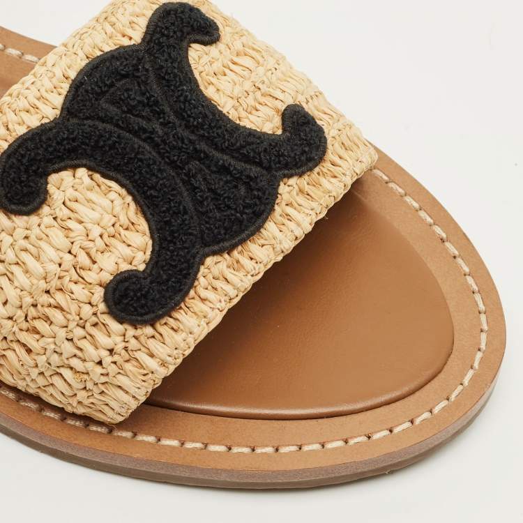Pre Owned Celine Size 39.5 Beige/Black Leather and Raffia Ankle Strap Flat Sandals