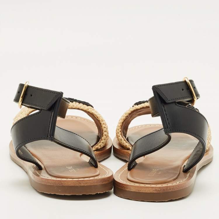 Pre Owned Celine Size 39.5 Beige/Black Leather and Raffia Ankle Strap Flat Sandals