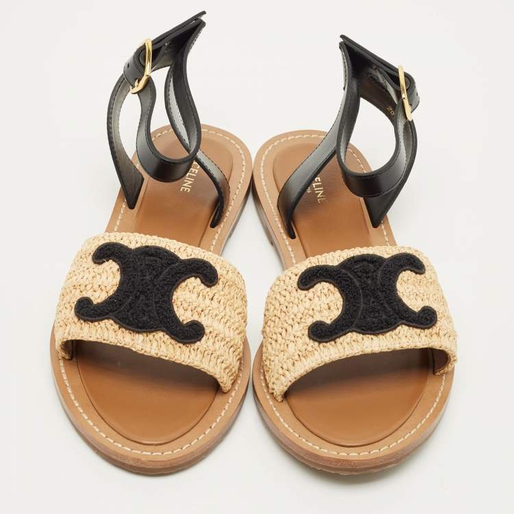 Pre Owned Celine Size 39.5 Beige/Black Leather and Raffia Ankle Strap Flat Sandals