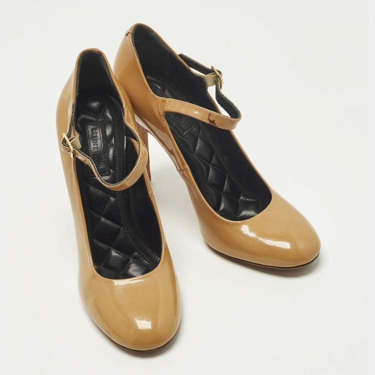 Pre Owned Celine Size 37 Beige Patent Leather Mary Jane Pumps