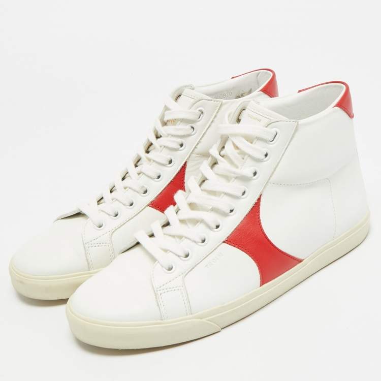 Pre Owned Celine Triomphe Size 38 White/Red Leather High Top Sneakers