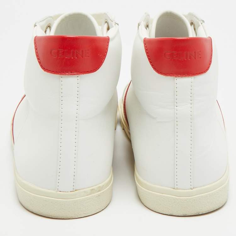 Pre Owned Celine Triomphe Size 38 White/Red Leather High Top Sneakers
