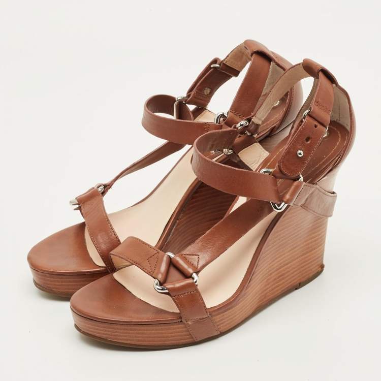Pre Owned Celine Size 38 Brown Leather Wedge Sandals