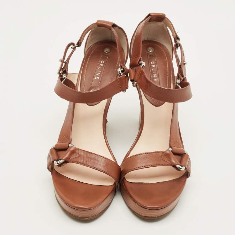 Pre Owned Celine Size 38 Brown Leather Wedge Sandals