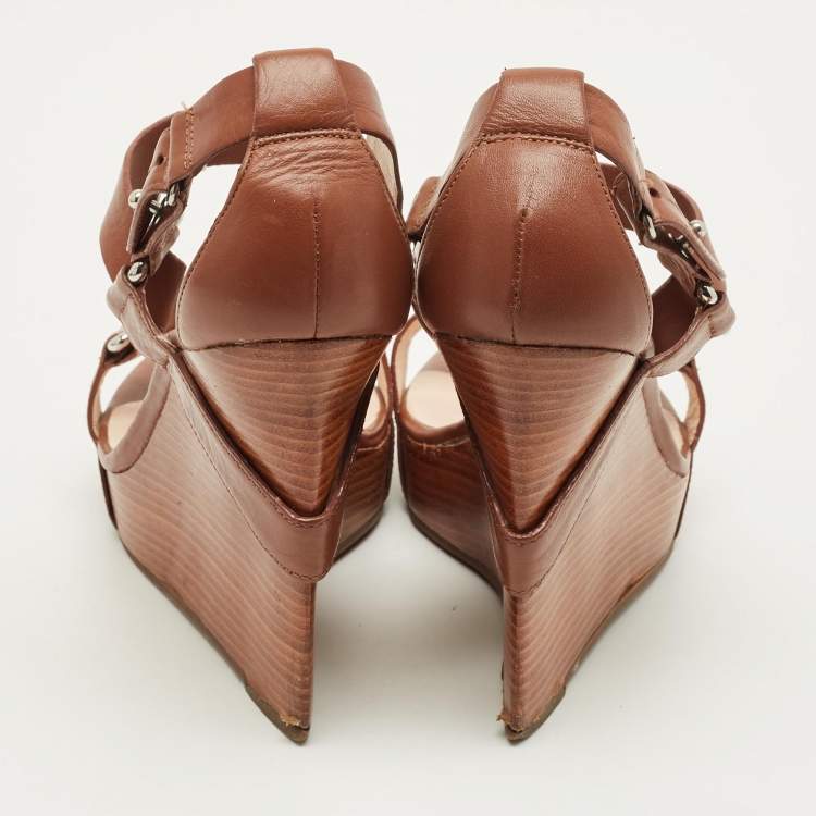 Pre Owned Celine Size 38 Brown Leather Wedge Sandals