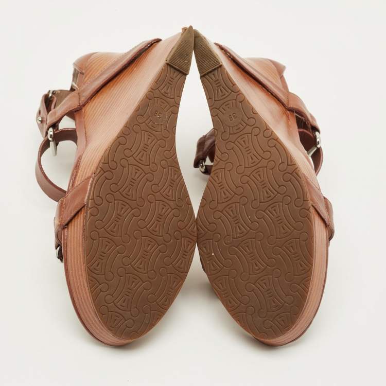 Pre Owned Celine Size 38 Brown Leather Wedge Sandals