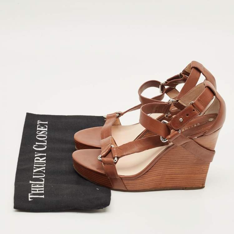 Pre Owned Celine Size 38 Brown Leather Wedge Sandals