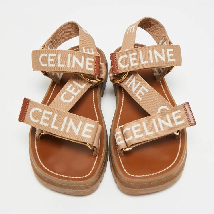 Pre Owned Celine Leo Size 37 Beige Canvas Slingback Sandals