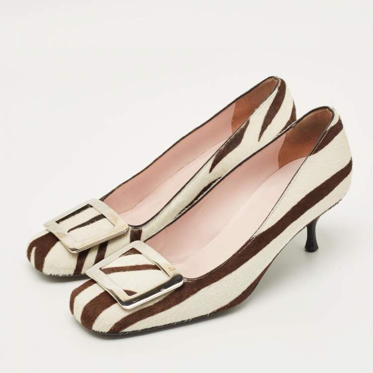 Pre Owned Celine Size 37 White Calf Hair Zebra Print Pumps