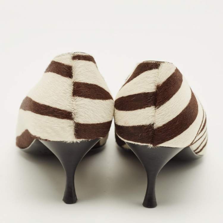 Pre Owned Celine Size 37 White Calf Hair Zebra Print Pumps