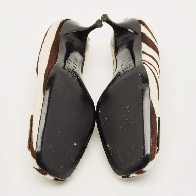 Pre Owned Celine Size 37 White Calf Hair Zebra Print Pumps