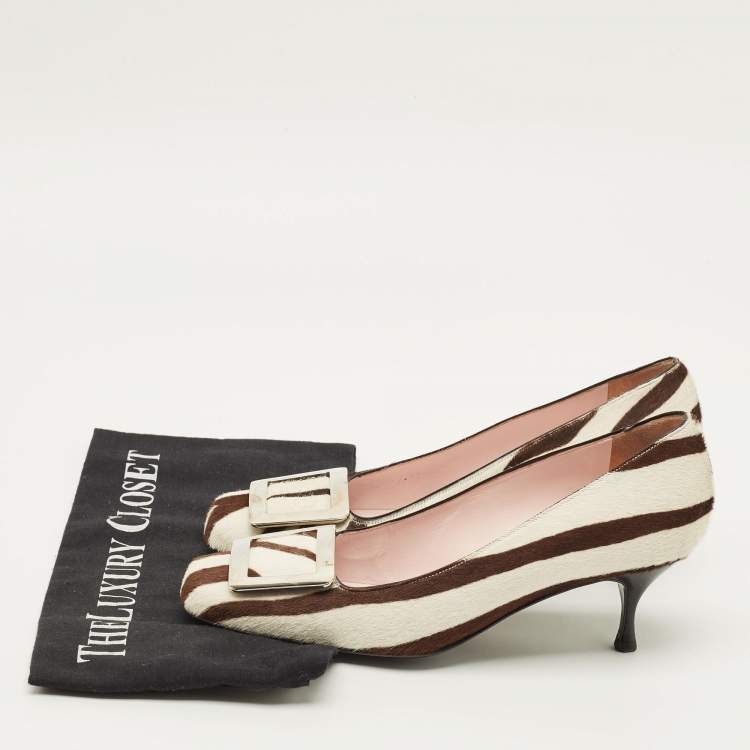 Pre Owned Celine Size 37 White Calf Hair Zebra Print Pumps