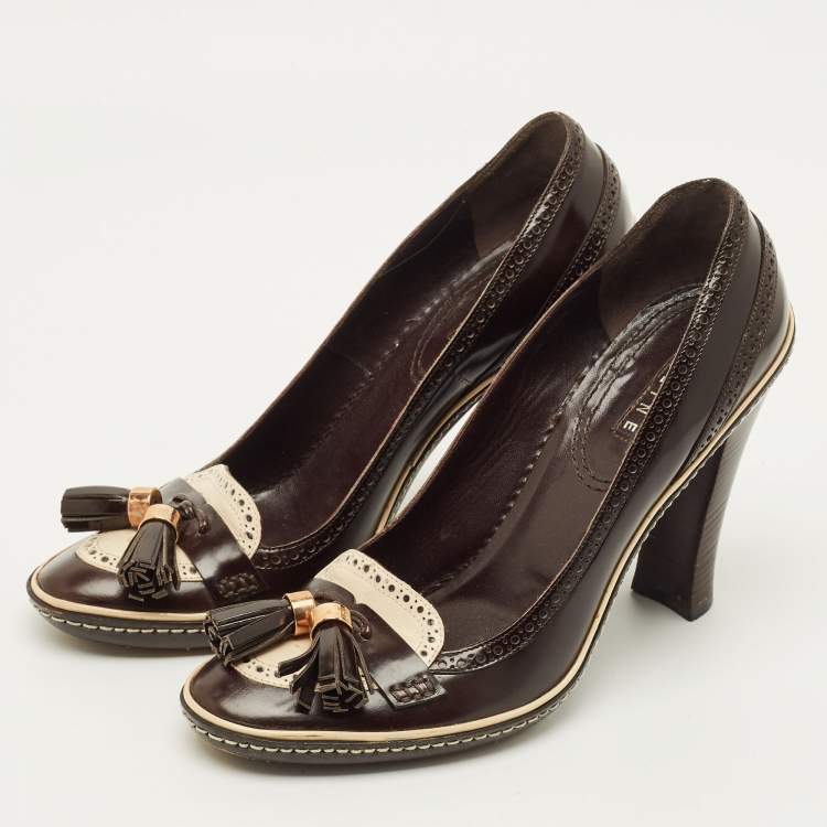Pre Owned Celine Size 39.5 Brown Leather Tassel Loafer Block Heel Pumps