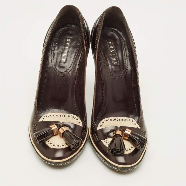 Pre Owned Celine Size 39.5 Brown Leather Tassel Loafer Block Heel Pumps