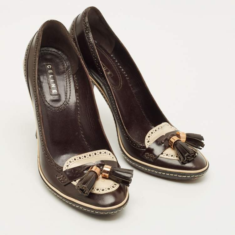 Pre Owned Celine Size 39.5 Brown Leather Tassel Loafer Block Heel Pumps