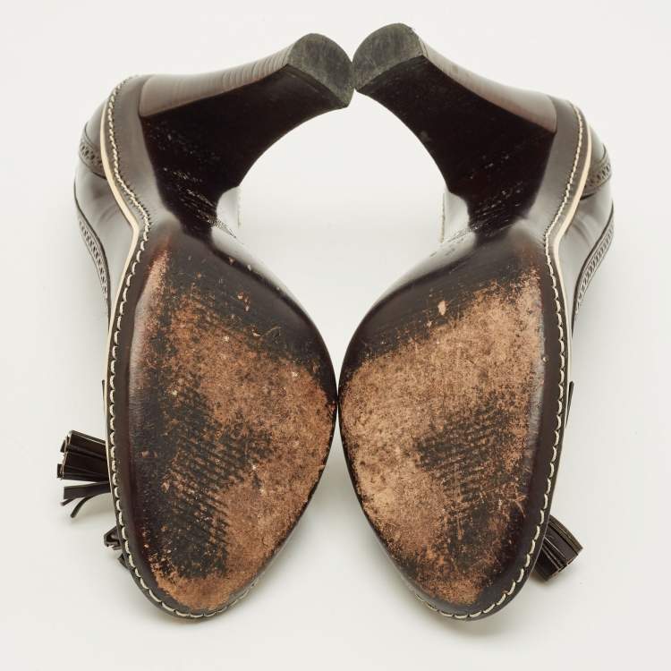 Pre Owned Celine Size 39.5 Brown Leather Tassel Loafer Block Heel Pumps