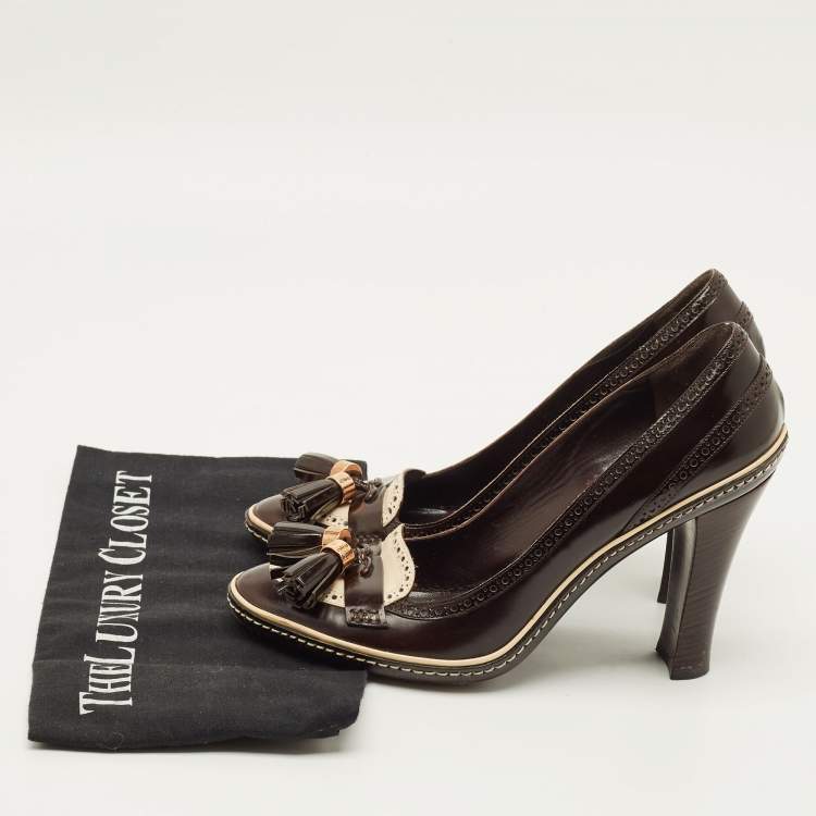 Pre Owned Celine Size 39.5 Brown Leather Tassel Loafer Block Heel Pumps