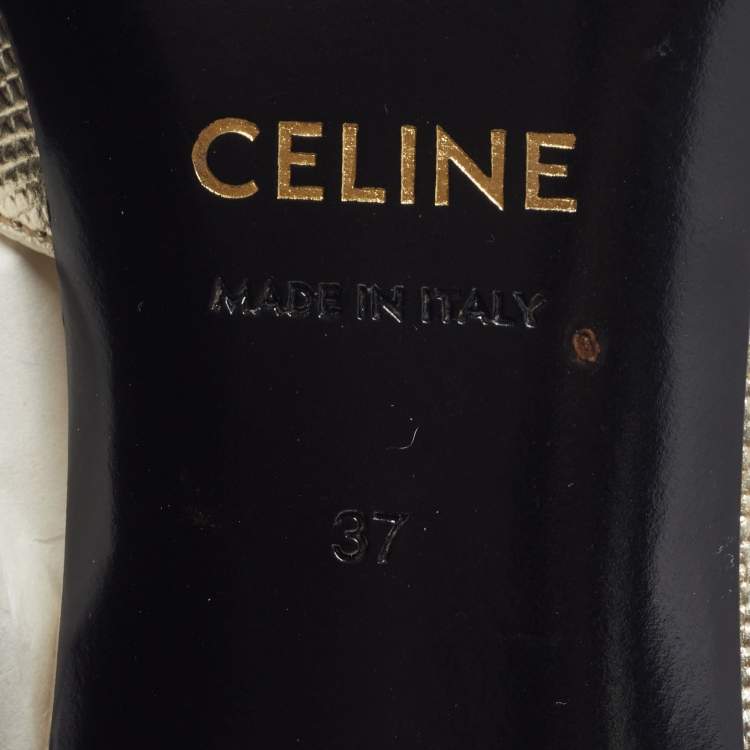 Pre Owned Celine Triomphe Size 37 Metallic Grey Lizard Embossed Leather T-Strap Pumps