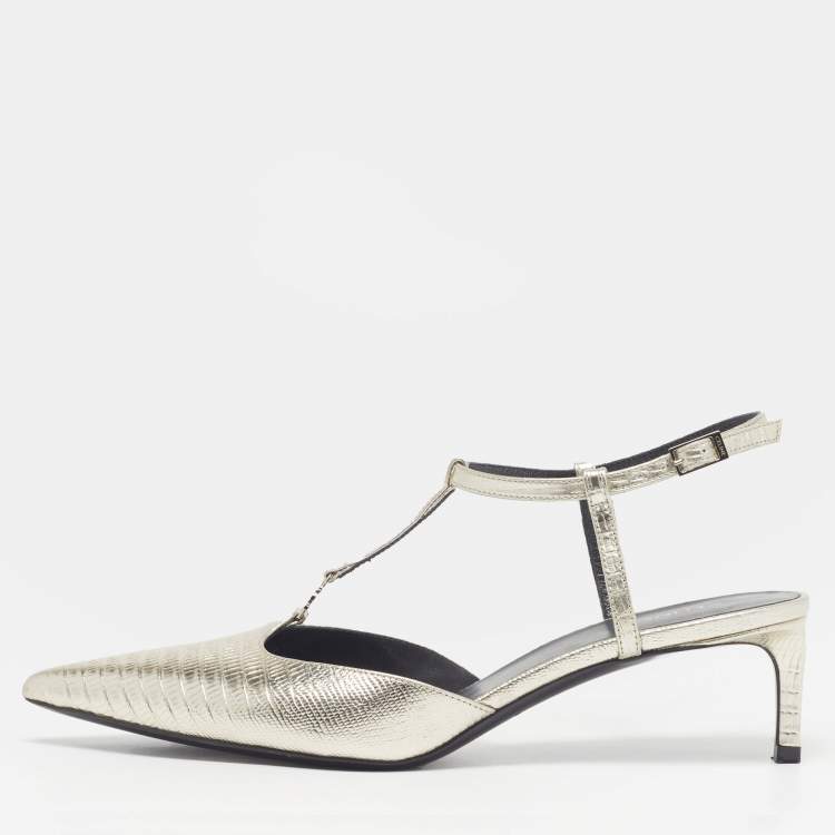 Pre Owned Celine Triomphe Size 37 Metallic Grey Lizard Embossed Leather T-Strap Pumps