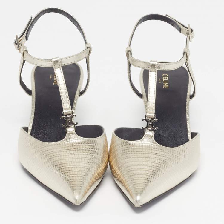 Pre Owned Celine Triomphe Size 37 Metallic Grey Lizard Embossed Leather T-Strap Pumps