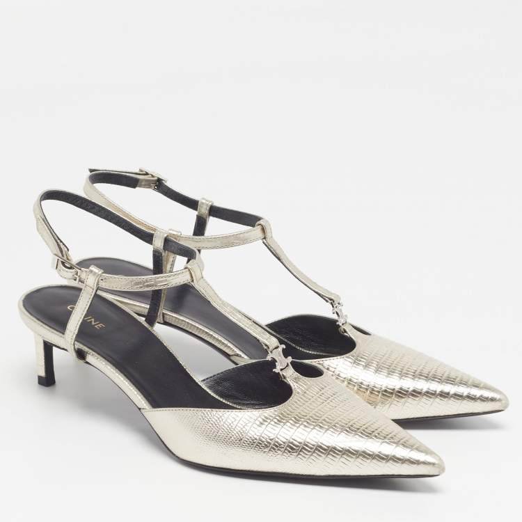 Pre Owned Celine Triomphe Size 37 Metallic Grey Lizard Embossed Leather T-Strap Pumps
