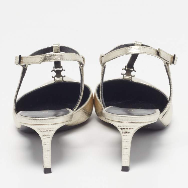 Pre Owned Celine Triomphe Size 37 Metallic Grey Lizard Embossed Leather T-Strap Pumps